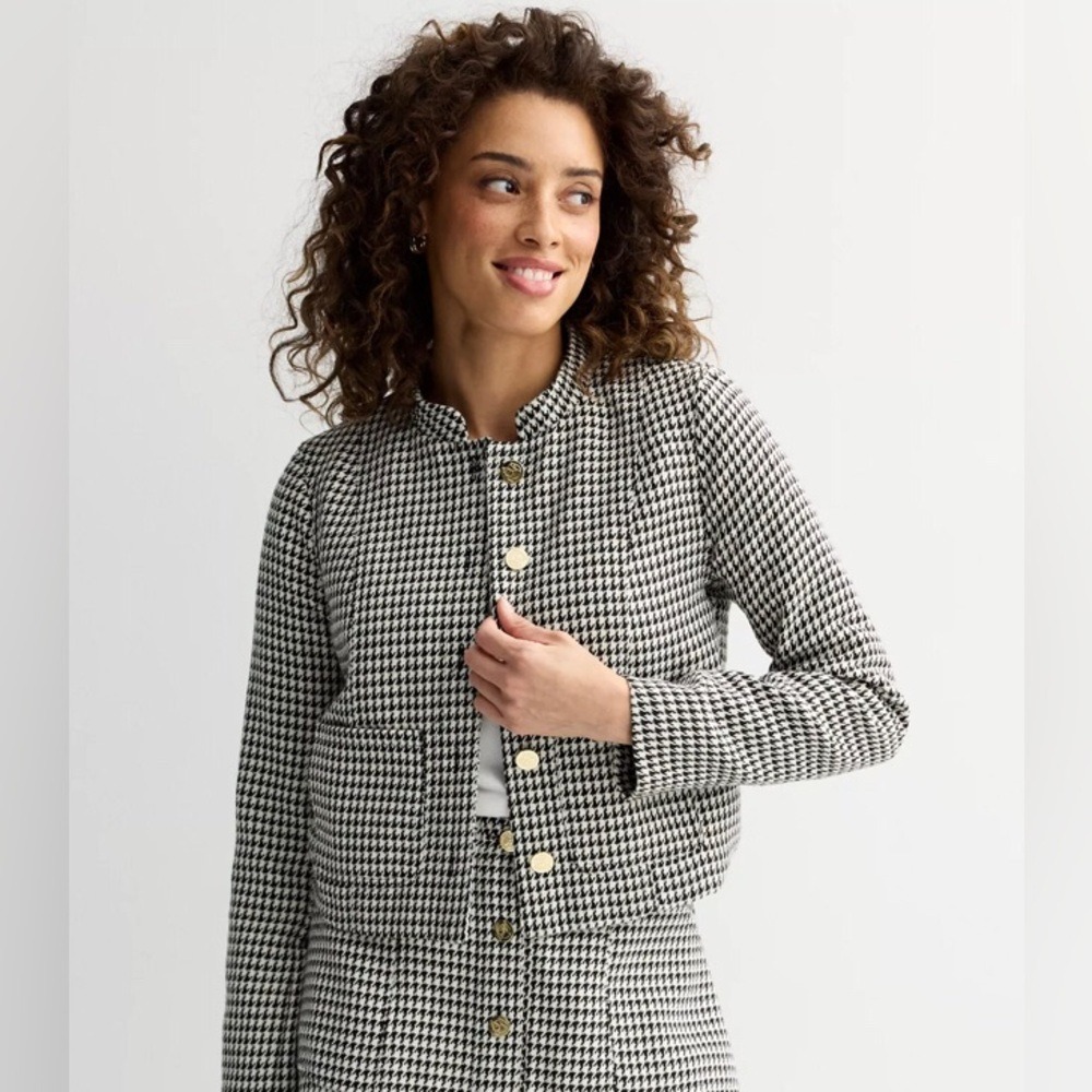 Draper James Women's XXL Jacket Black White Houndstooth Metallic Gold Button